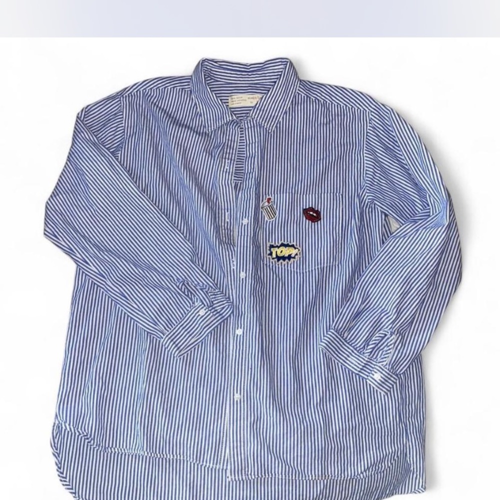Zara Kids Blue Striped Shirt with Fun Patches